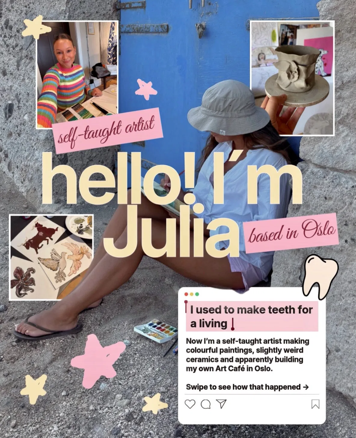 Hi, I’m Julia 🤍
I used to make teeth for a living. Now I create colourful art, make slightly weird ceramics, draw peopl